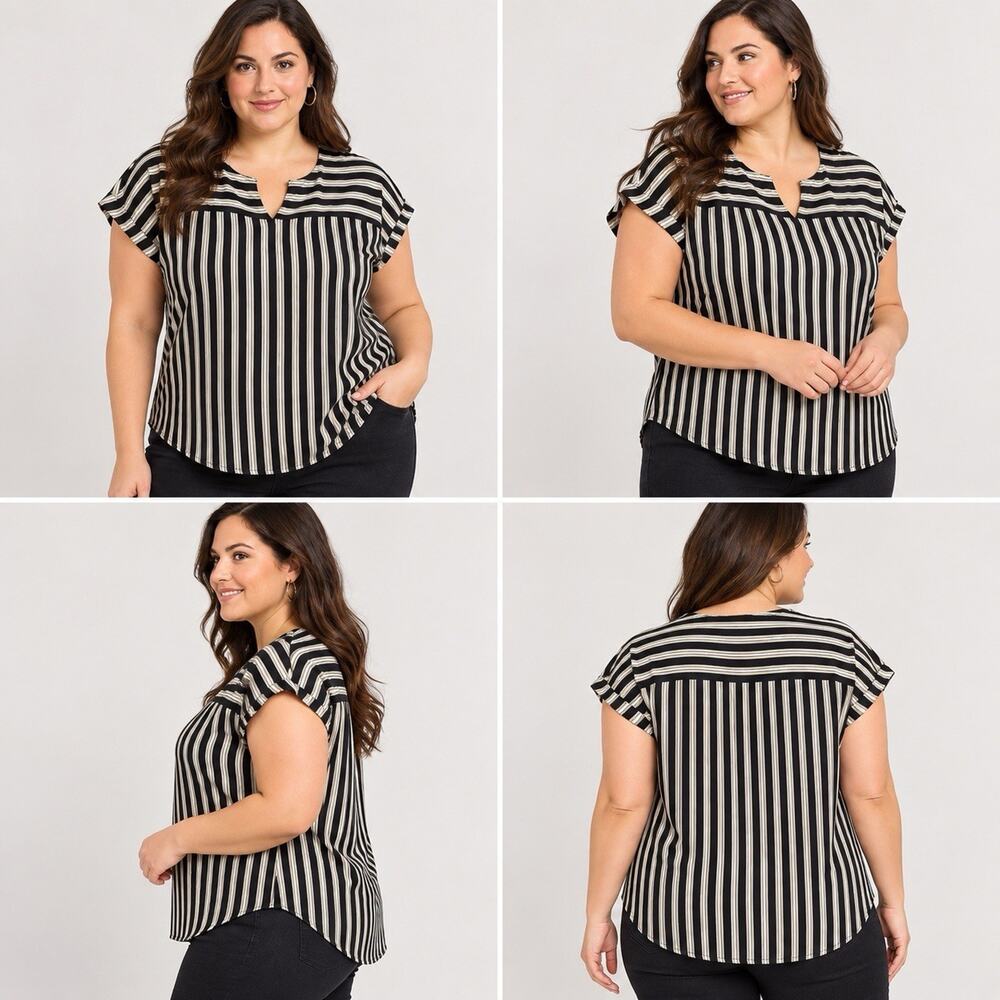 Vince Camuto Striped Blouse Women’s 1X Black White Short Sleeve